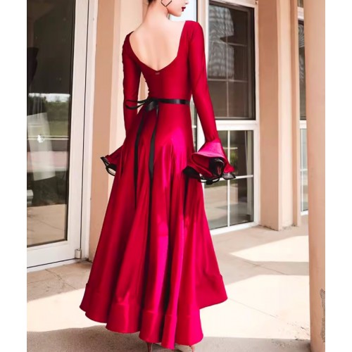 Women girls black wine rose flowers ballroom dance dresses for female flare sleeves waltz tango flamenco dancing long swing skirts for female